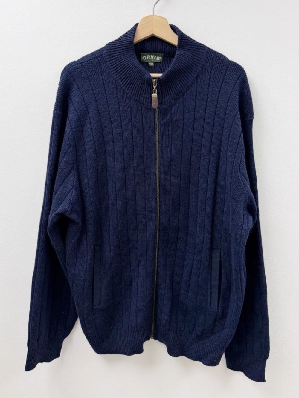 Orvis Mens Navy Blue 100% Wool Full Zip Cardigan Sweater Elbow Patches Large